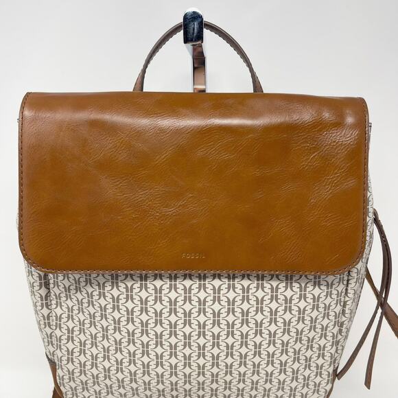 Fossil Claire Cream Signature Flap Backpack Tan Trim Faux Leather - Picture 2 of 11